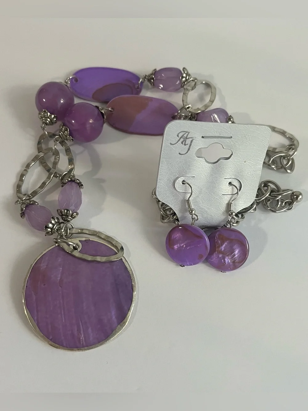 Purple Statement Necklace & Earrings Set | Silver Tone | Beaded Pendant